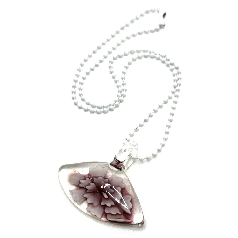 Artisan Lampwork Glass Floral Pendant Necklace Pink Purple Hand Blown 18” Chain